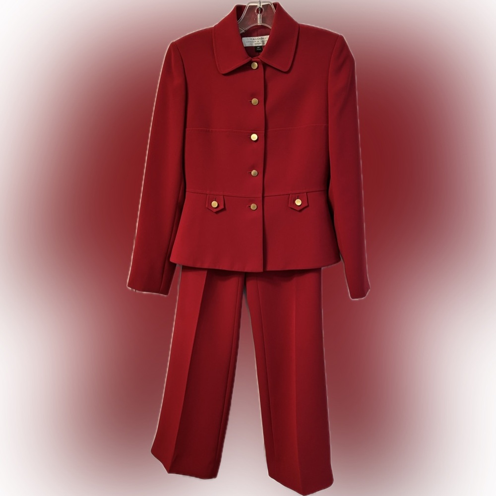 Tahari Crimson Red Womens Pant Suit Jacket and Trousers